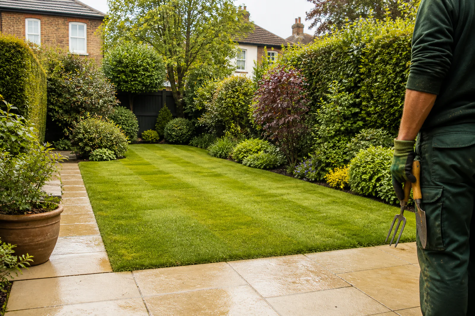 A freshly cared-for suburban garden with a neat lawn and healthy planting