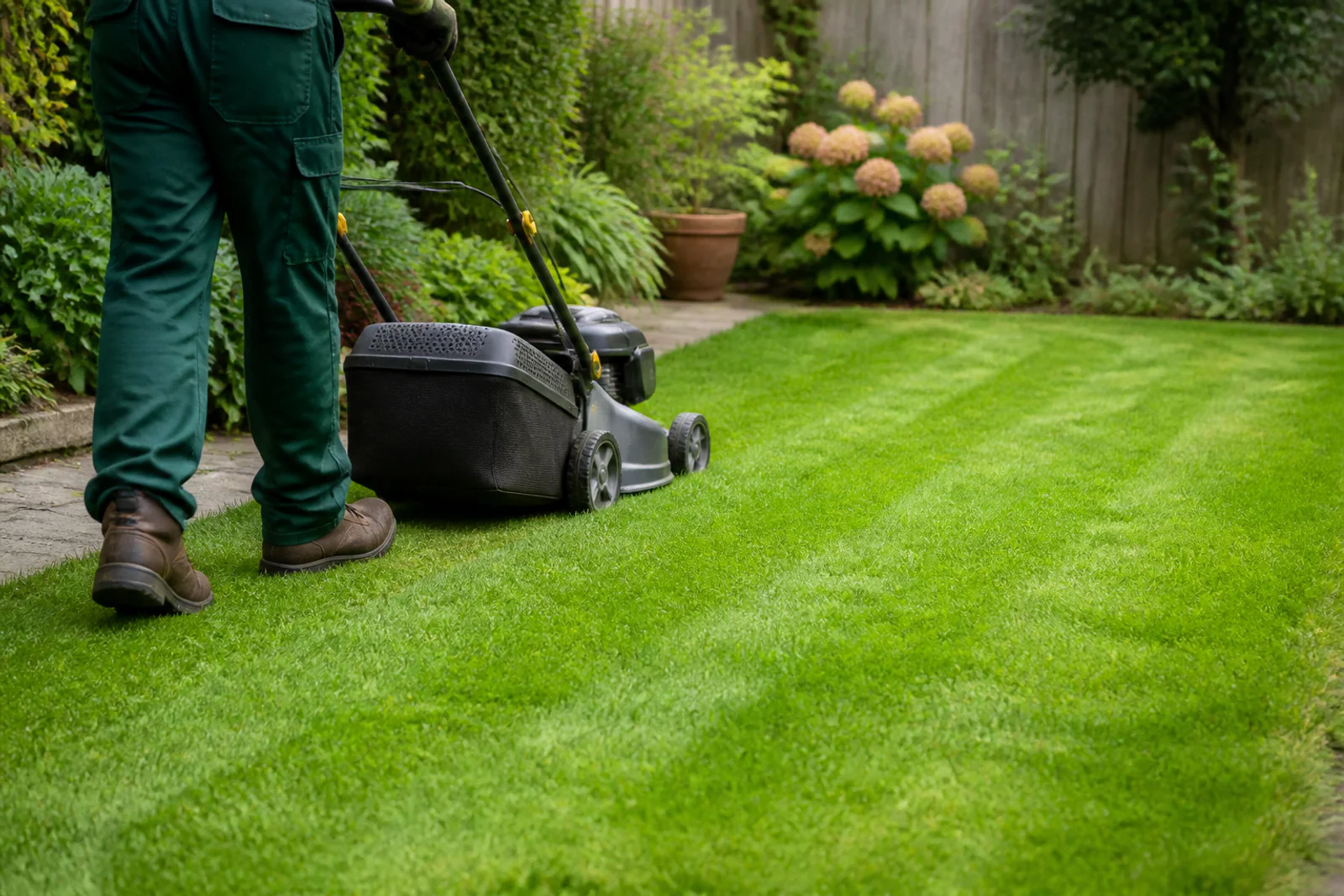 Gardener mowing a healthy lawn in a modest suburban back garden