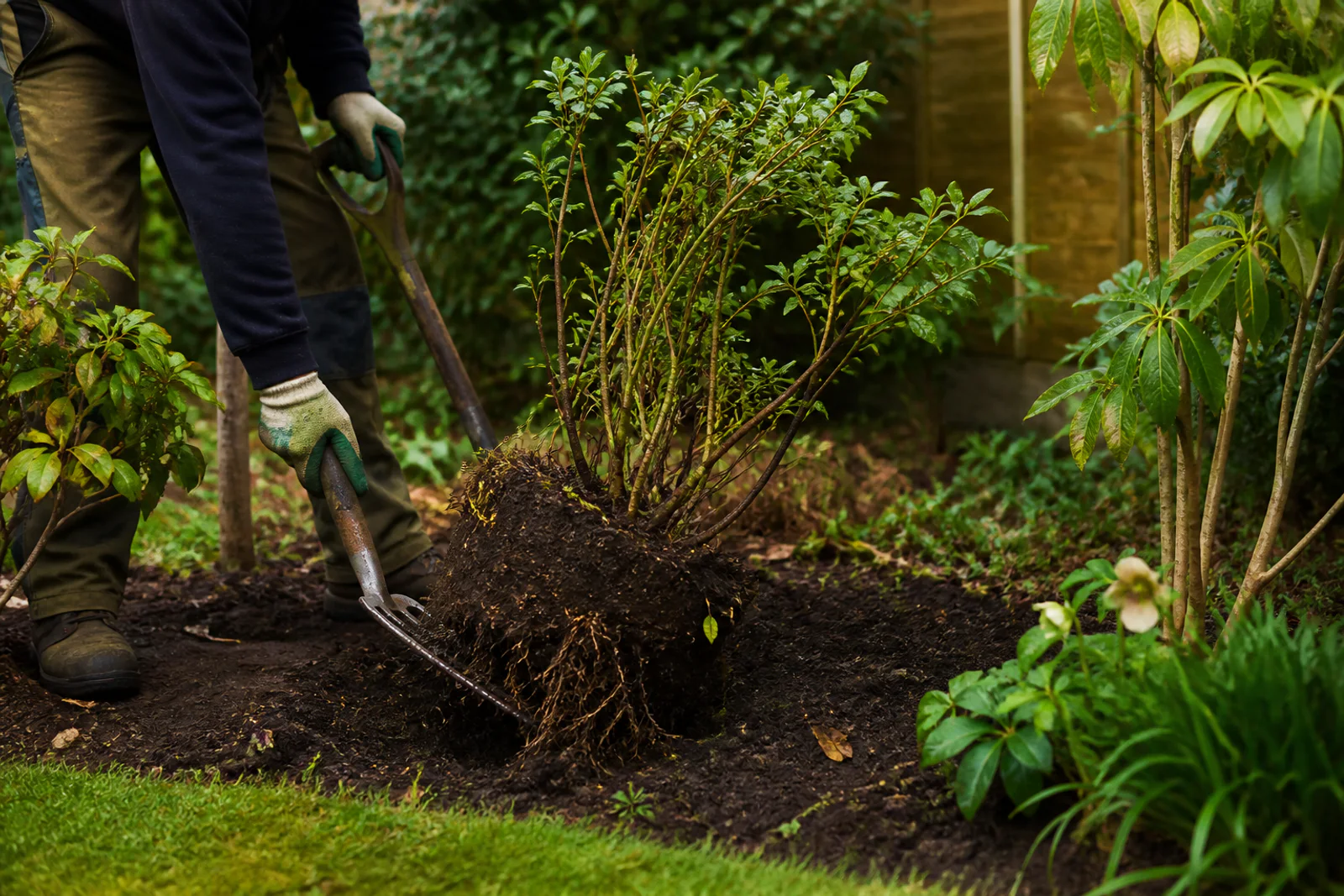 Gardener lifting a shrub root ball carefully from a planted garden bed
