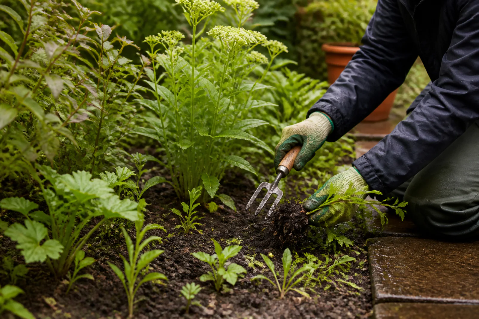 Gloved hands removing weeds from the roots in a planted garden bed